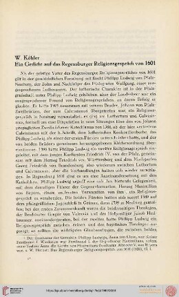 Neue Folge 1940: Ein Gedicht auf das Regensburger Religionsgespräch von 1601