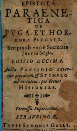 Epistola Paraenetica De Fvga Et Horrore Peccati