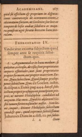 Exercitatio IV. Vindicatur axioma: subjectum quod semper ante se requirit subjectum-quo.