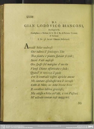 Di Gian Lodovico Bianconi, Bolognese, Consigliere e Medico di S. M. il Re di Polonia Elettore di Sassonia E fra gli Arcadi Filetore Palladiense