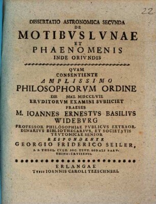 Dissertatio Philosophico-Astronomica De Motv Terrae Et Phaenomenis Inde Orivndis, Dissertatio Astronomica Secvnda