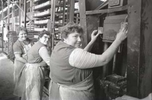 Arbeiterinnen : VEB Silikatwerk Brandis, BT Bennewitz. Arbeiterinnen die an ihren Arbeitsplätzen, einer Stanzmaschine, stehen