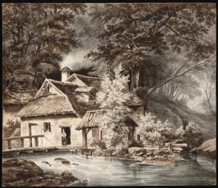 Hütte am Fluss im Wald: Perspektivische Ansicht