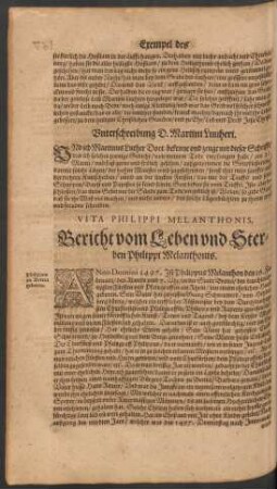 Vita Philippi Melanthonis. Bericht vom Leben und Sterben Philippi Melanthonis.