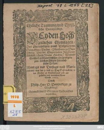 Eheliche Trawung und Christliche Brautpredigt