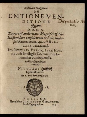 Disputatio Inauguralis De Emtione-Venditione