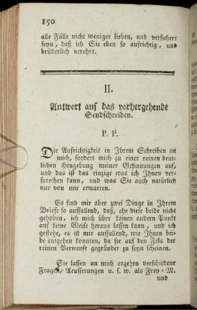 II. Antwort auf das vorhergehende Sendschreiben.
