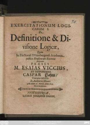 Exercitationum Logicarum I. De Definitione & Divisione Logicae