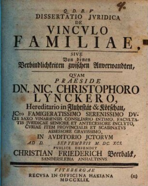 Diss. iur. de vinculo familiae