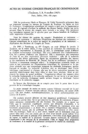275-276, Actes du sixième Congrès français de criminologie (Toulouse, 7-9 octobre 1965)
