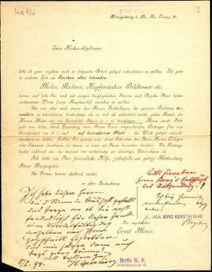 5-10-19-10.0000: Sperling, Heinrich, Tiermaler; diverse Schreiben ff.: Betr. Lexikon der lebenden Künstler durch Firma Moser, Königsberg