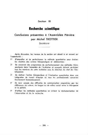 268, Section III: Recherche scientifique. Conclusions présentées à l'Assemblée Pléniére