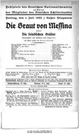 Die Braut von Messina oder Die feindlichen Brüder