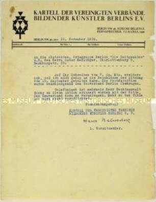 Schreiben des Kartells der Vereinigten Verbände Bildender Künstler Berlins an die Künstlervereinigung "Die Zeitgemäßen" (Die Abstrakten) zu einer Protestaktion gegen die Zensurmaßnahmen in der Großen Berliner Kunstausstellung 1932 - Sachkonvolut