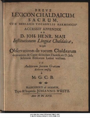 Breve Lexicon Chaldaicum Sacrum : Cum Hebraicis Vocabulis Harmonicis