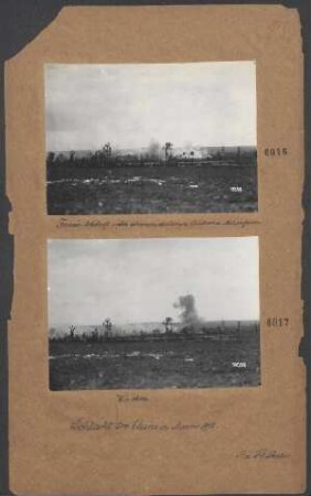 Französ. Ortschaft unter schwerem deutschen Artillerie und Minenfeuer