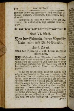Das VI. Buch. Von der Schweitz/ deren Republic/ Unterthanen und Bunds-Genossen.
