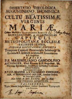 Diss. theol. ... de cultu beatissimae virginis Mariae