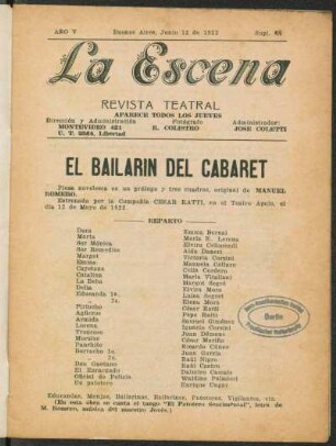 El bailarín del cabaret : pieza novelesca en un prólogo y tres cuadros