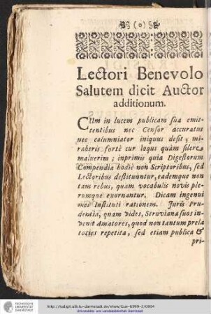 Lectori Benevolo Salutem dicit Auctor additionum