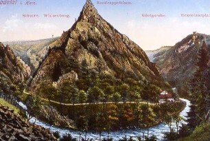 Der Harz - Roßtrappenfelsen : Historische Ansicht des Roßtrappenfelsens. Aufgenommen im Harz ca. 1995