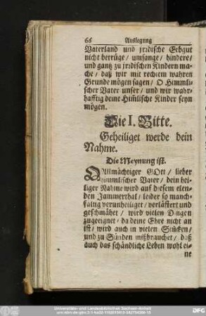 Die I. Bitte. Geheiliget werden dein Nahme.