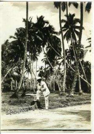 Richard Fleischhut in einem Palmenhain auf Sumatra, im Tropenanzug