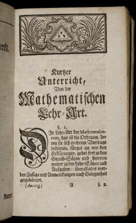 Kurtzer Unterricht, Von der Mathematischen Lehr-Art.
