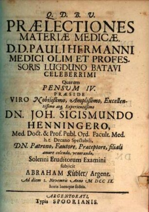 Praelectiones materiae medicae D. D. Paul. Hermanni ..., Pensum IV.