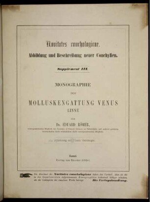 Suppl. 3, Bd. 1: Novitates conchologicae. Suppl. 3. Monographie der Molluskengattung Venus, Linné. Bd. 1