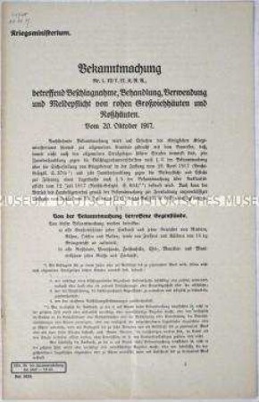 Bekanntmachung des Kriegsministeriums über die Verwendung und Meldepflicht von rohen Großviehtierhäuten
