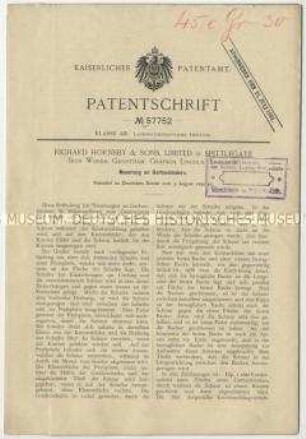 Patentschrift einer Neuerung an Garbenbinder, Patent-Nr. 57752