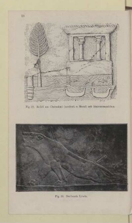 [Fig.21-22. Relief aus Chorsabad mit Säulentempelchen und sterbende Löwin]