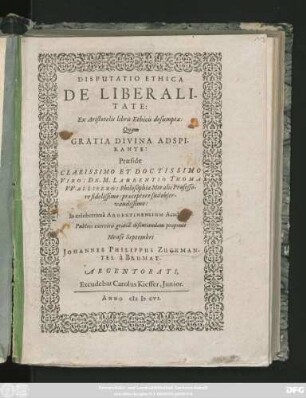 Disputatio Ethica De Liberalitate : Ex Aristotelis libris Ethicis desumpta