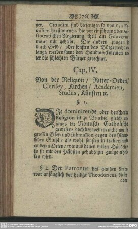 Cap. IV. Von der Religion, Ritter-Orden, Clerisey, Kirchen, academien, Studiis, Künsten [et]c.