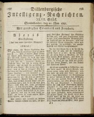 XLVII. Stück. Sonnabends: den 21. Nov. 1795.