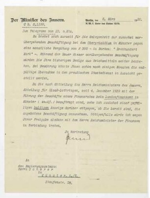 Angebotene Berufung an das Oberpräsidium in Münster i.W., durch den Innenminister vom 5.5.1920