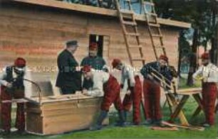 Französische Kriegsgefangene beim Barackenbau