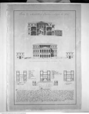 Herrensitz auf dem Lande, 2 Grundrisse, Aufrisse, ein Schnitt