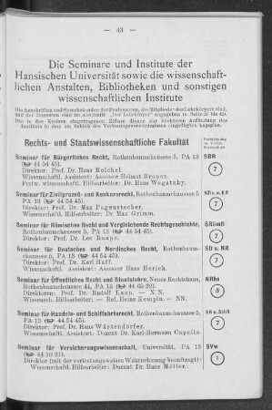 Die Seminare und Institute der Hansischen Universität sowie die wissenschaftlichen Anstalten, Bibliotheken und sonstigen wissenschaftlichen Institute