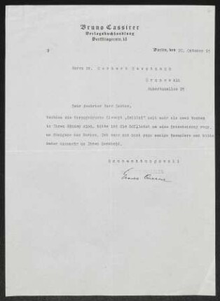 Brief von Bruno Cassirer von Verlag Bruno Cassirer <Berlin> an Gerhart Hauptmann, geschrieben von Unbekannt