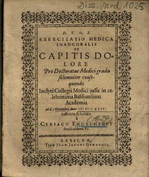 Exercitatio Medica Inauguralis De Capitis Dolore