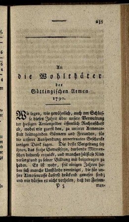 An die Wohlthäter der Göttingischen Armen. 1790.