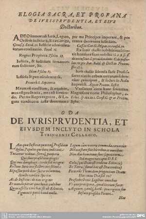 ELOGIA SACRA, ET PROFANA DE IURUSPRUDENTIA, ET EIUS Doctoribus.