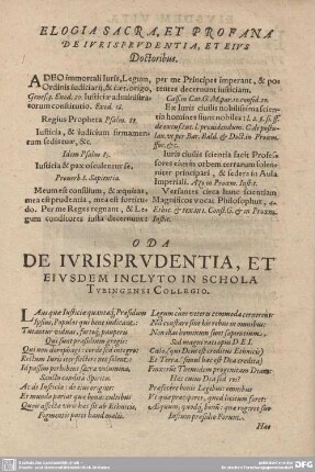 ELOGIA SACRA, ET PROFANA DE IURUSPRUDENTIA, ET EIUS Doctoribus.