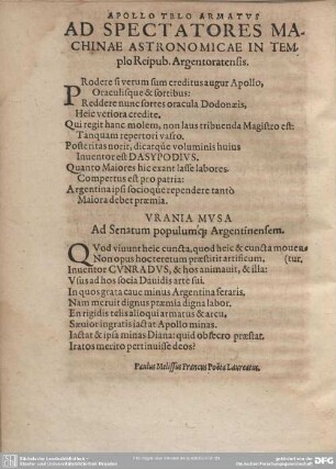 APOLLO TELO ARMATUS AD SPECTATORES MACHINAE ASTRONOMICAE IN TEMplo Reipub. Argentoratensis. : URANIA MUSA