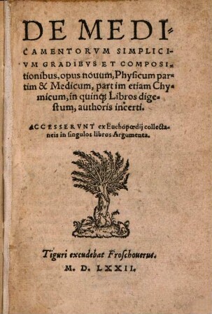 De Medicamentorum Simplicium Gradibus Et Compositionibus, Opus Novum, Physicum partim & Medicum, partim etiam Chymicum, in quinque Libros digestum, authoris incerti