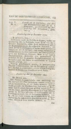 Litt. F. N. 1. Extract uit de resolutien, door heeren bewindhebberen van de O. I. Compagnie, ... donderdag den 9 december 1790