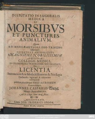 Disputatio Inauguralis Medica De Morsibus Et Puncturis Animalium
