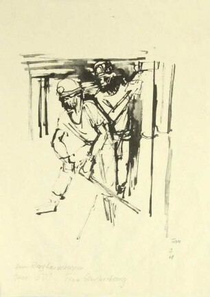 Druckgrafik einer Tuschezeichnung, Zwei Bergleute im Streb (Titel alter Karteikarte)